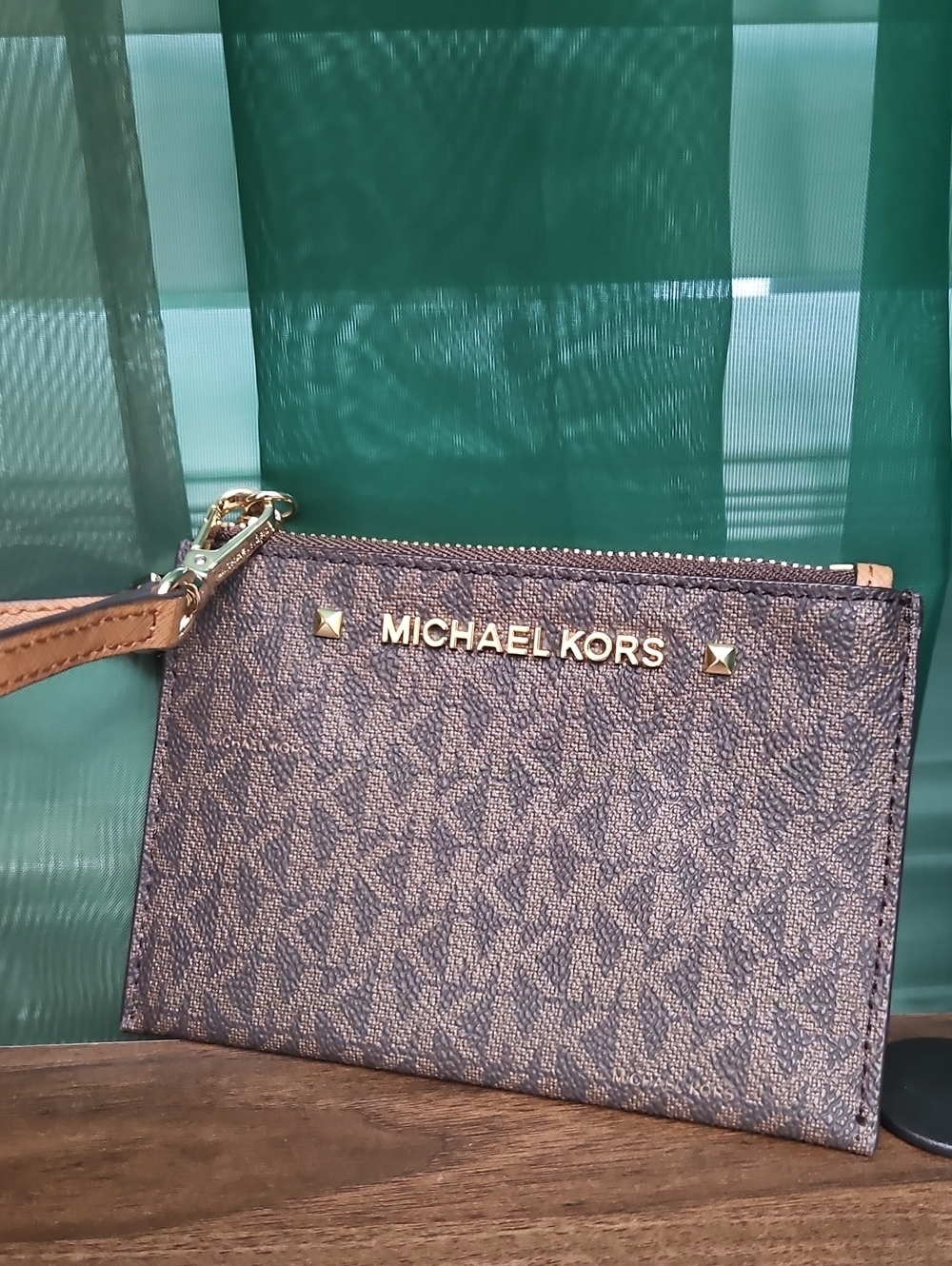 Michael Kors Brown Logo Wristlet with Gold Hardware